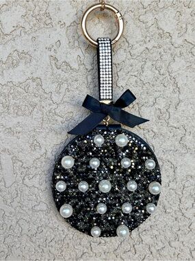 Sparkling Black Rhinestone & Pearl Dual Sided Mirror/Keychain/Bag Charm